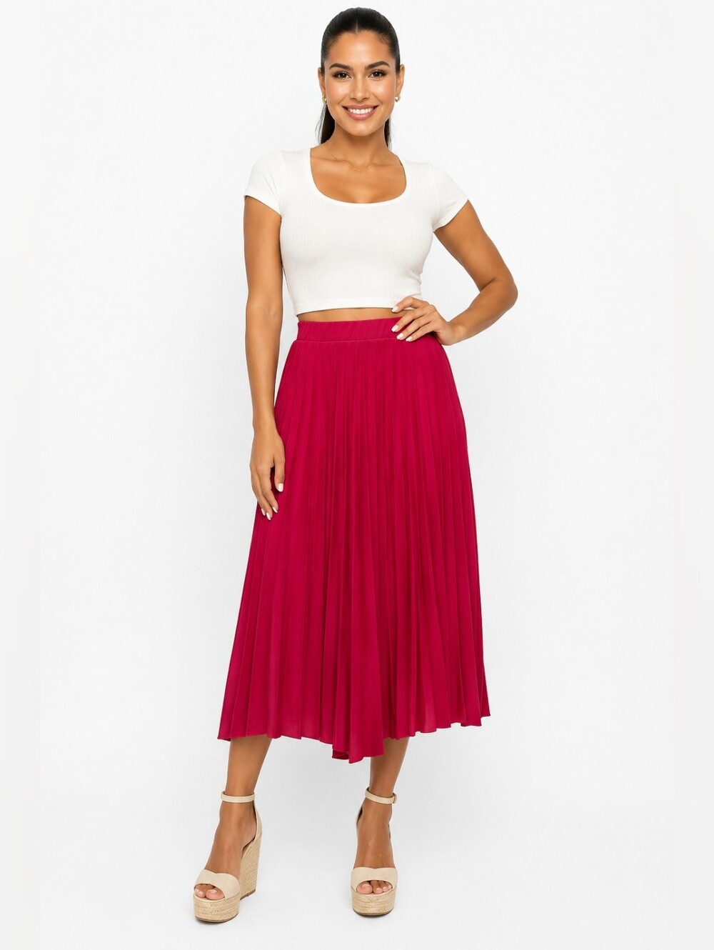 Ashley Blue Vibrant Pink Pleated Midi Skirt. Size L.